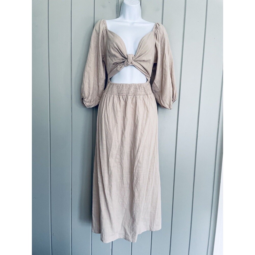 NWT Petal + Pup Dress 6 Wrap Front Cutout Puff Sleeves Khaki Smocked Boho NEW